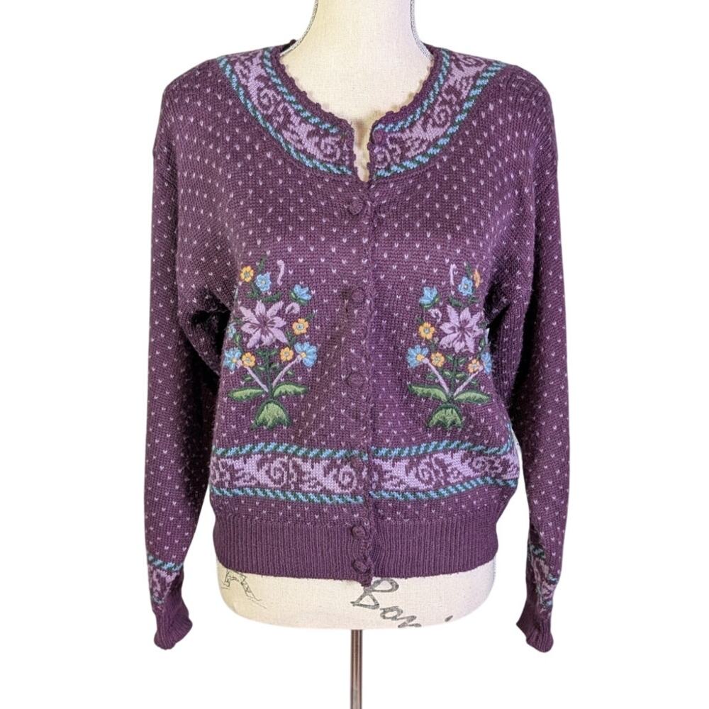 Vintage 80s Purple Wool Cardigan Hand Embroidered Floral Cottagecore M